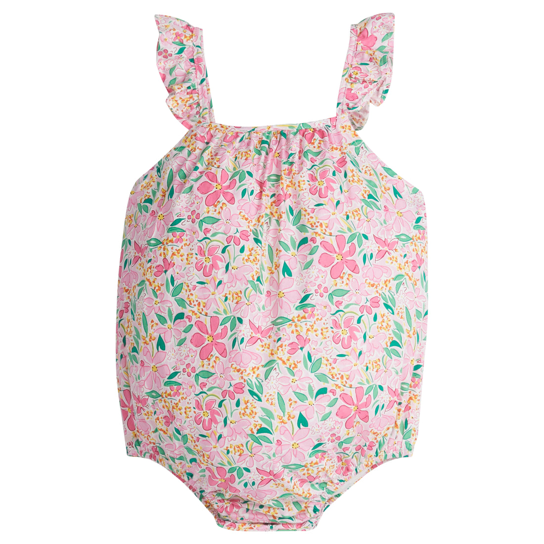 Baby girl woven bubble featured in a bright pink/yellow/green floral print. Bubble features ruffle straps and button closures along back and stride for easy put on access.
