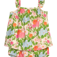 BISBY baby woven bloomer set in a green/orange/pink/light blue floral print. Top features a two button at back and ruffles at sleeves. Bottom features elastic waistband and stride for easy put on/pull off access. baby girl floral bloomer set
