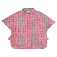 Girls pink plaid tweed cape with hidden zipper and two button closure.