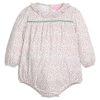 Baby girl woven bubble in a green and red floral print that features a button closure at back of neckline and at stride for easy put on/pull off access.