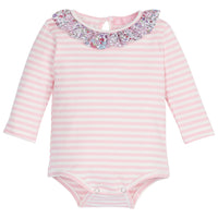 Pink and white stripe CarolineOnesie with floral pattern around neckline (ruffled)