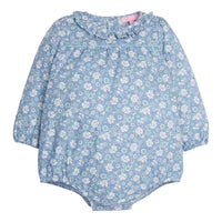 Baby Girl blue floral bubble with ruffle detail around the neckline. The sleeves have elastic at the cuff for a stretchy relaxed fit along with buttons down the back and stride-BISBY
