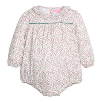 Baby girl woven bubble in a green and red floral print that features a button closure at back of neckline and at stride for easy put on/pull off access.