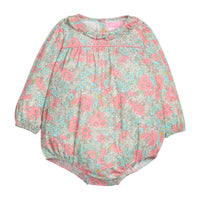 Baby girl woven bubble in a pink/teal/green floral print that features a button closure along back of neckline and at stride.