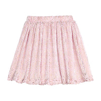 Pink crinkle skort with gold stars on a white background