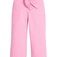 Girls tween twill pant in a bubblegum pink color that feature two functioning pockets on the sides, button snap closure at waist, and a functioning belt to complete the look.
