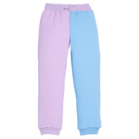 Pair of girls quilted pants in purple and blue on a white background featuring a drawstring waist.