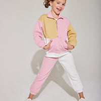pink and white and gold color block jogger with quilted cozy material