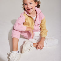 pink and white and yellow gold color block split pants