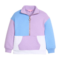 Girls color-blocked quilted jacket with purple, blue, and white sections and a gold quarter zip zipper to complete the look.