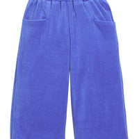 Girls velour pants in royal blue that feature functioning pockets in the front of pants and an elastic waistband.