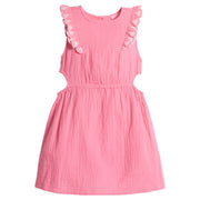 Girls/Tween dress made of a super soft and lightweight gauze material and comes in this beautiful hot pink color. Dress has slight cutouts on the side for a more big girl look and also features an elastic waistband and embroidered detail along  armholes.
