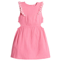 Girls/Tween dress made of a super soft and lightweight gauze material and comes in this beautiful hot pink color. Dress has slight cutouts on the side for a more big girl look and also features an elastic waistband and embroidered detail along armholes.