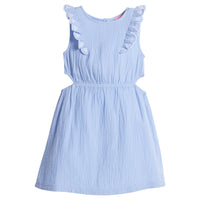 Girls/Tween dress made of a super soft and lightweight gauze material in a beautiful hydrangea shade. Dress has slight cutouts on the side for a more big girl look and also features an elastic waistband and embroidered detail along armholes.