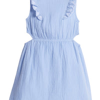 Girls/Tween dress made of a super soft and lightweight gauze material in a beautiful hydrangea shade. Dress has slight cutouts on the side for a more big girl look and also features an elastic waistband and embroidered detail along armholes.