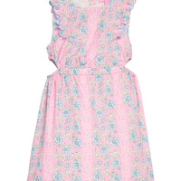 BISBY tween girl woven dress in a blue/pink/white floral print. Dress features a scallop detailing along sides of sleeves/bust, elastic waistband, and two cutout details at waist for an elevated big girl look.