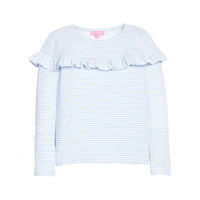 Girls/tween knit long sleeve top in light blue and white stripe that features a ruffle detail across the front body of the shirt.