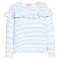 Girls/tween knit long sleeve top in light blue and white stripe that features a ruffle detail across the front body of the shirt.