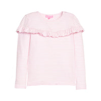 Girls/tween knit long sleeve top in pink and white stripe that features a ruffle detail across the front body of the shirt.