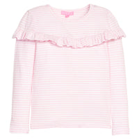 Girls/tween knit long sleeve top in pink and white stripe that features a ruffle detail across the front body of the shirt.
