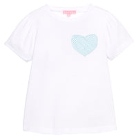 BISBY girl basic white tee shirt that has a faux heart pocket in a blue and white stripe sparkly seersucker fabric to elevate the tee.