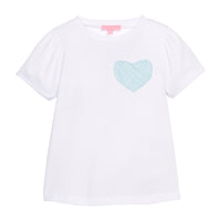 BISBY girl basic white tee shirt that has a faux heart pocket in a blue and white stripe sparkly seersucker fabric to elevate the tee.