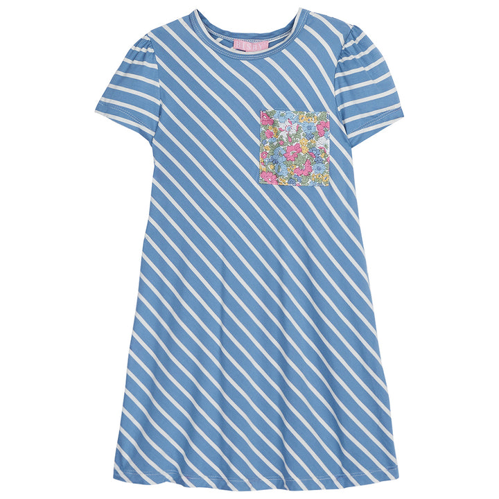 Blue and white striped short sleeve dress with a pocket on left side with bright floral pattern on it--EverydayDress for girls/teens BISBY