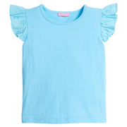 Girls/Tween aqua basic tee shirt with eyelet detail on the angel sleeves.