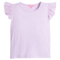 Girls/Tween lilac basic tee shirt with eyelet detail on the angel sleeves.