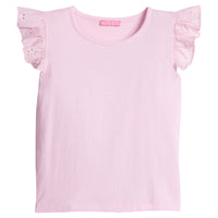 Girls/Tween pale pink basic tee shirt with eyelet detail on the angel sleeves.