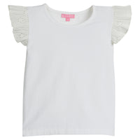Girls/Tween white basic tee shirt with eyelet detail on the angel sleeves.