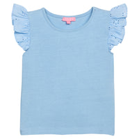 BISBY girl knit tee in a light blue that features an eyelet detailing at sleeves for an elevated look.