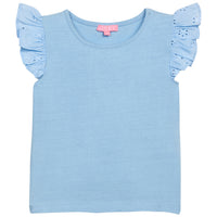 BISBY girl knit tee in a light blue that features an eyelet detailing at sleeves for an elevated look.