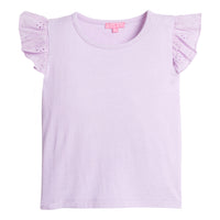 Girls/Tween lilac basic tee shirt with eyelet detail on the angel sleeves.