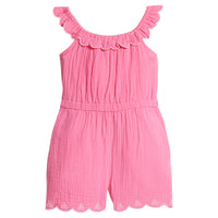 Girls/Tween romper in a beautiful hot pink gauze material. Romper features an elastic waistband, scalloped elastic neckline with a beautiful light pink embroidered edge, and also has pockets.