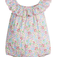 Baby girl woven bubble in a pale yellow/pink/red/blue/green floral print. Bubble also features a ruffle neckline that continues to the back and button closures at the stride for easy put on access.
