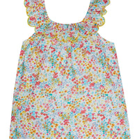 Girl/tween top with a yellow trim scalloped neckline, with red, yellow, blue floral print.