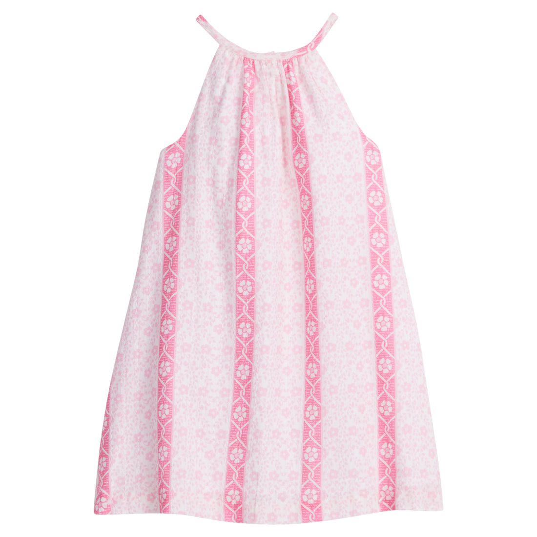 Girls/Tween woven dress in a light pink/hot pink floral print. Dress features a halter neckline and has button closures along back for a relaxed but secure fit.