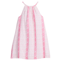 Girls/Tween woven dress in a light pink/hot pink floral print. Dress features a halter neckline and has button closures along back for a relaxed but secure fit.