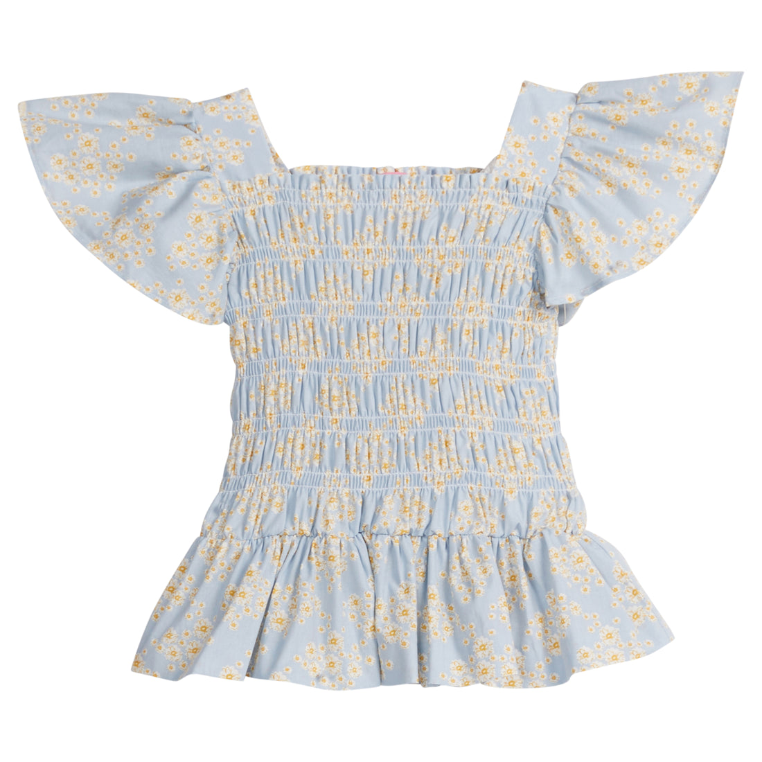 Girls/Tween woven top that has a ruching feature across middle of top. Top is made of yellow and white flowers printed on a light blue background and also features angel sleeves to complete the look.