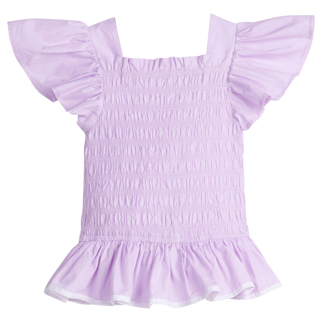 Girls/Tween woven top that has a ruching feature across middle for a stretchy but structured fit.Top is in a gorgeous lilac color that has angel sleeves and a white trim at bottom to complete the look.