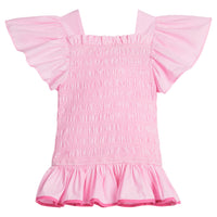 Girls/Tween woven top that has a ruching feature across middle for a stretchy but structured fit.Top is in a gorgeous light pink/bubblegum color that has angel sleeves and a hot pink trim at bottom to complete the look.