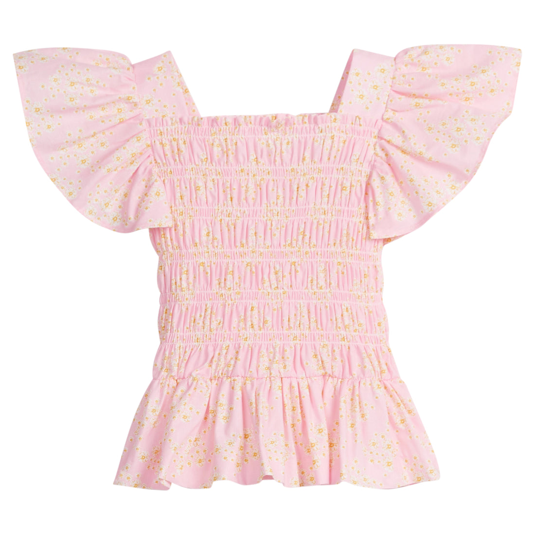 Girls/Tween woven top that has a ruching feature across middle of top. Top is made of yellow and white flowers printed on a light pink background and also features angel sleeves to complete the look.