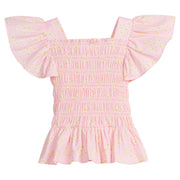 Girls/Tween woven top that has a ruching feature across middle of top. Top is made of yellow and white flowers printed on a light pink background and also features angel sleeves to complete the look.