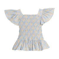 Girls/Tween woven top that has a ruching feature across middle of top. Top is made of yellow and white flowers printed on a light blue background and also features angel sleeves to complete the look.