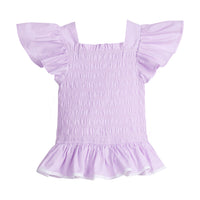 Girls/Tween woven top that has a ruching feature across middle for a stretchy but structured fit.Top is in a gorgeous lilac color that has angel sleeves and a white trim at bottom to complete the look.