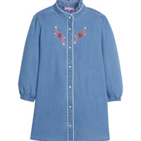Girls/Tween dress featuring our chambray/thistle embroidery. Dress has pearlescent buttons along front, elastic on sleeve cuffs, and a ruffled neckline for a comfy flowy fit. Material resembles a blue jean material but is a soft woven feel-BISBY