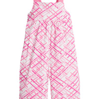 Girl/Tween knit jumpsuit in a hot pink/light pink zig zag pattern. This jumpsuit has adjustable hot pink woven straps and pockets for easy relaxed fit.