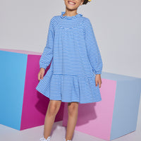 Girl/tween knit long sleeve light blue/dark blue stripe dress that features a ruffle neckline with a button closure at back of neck and elastic cuffs at end of sleeves.