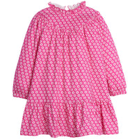 Girls/Tween knit dress in our Bougainvillea light pink/hot pink floral pattern. Dress features a high ruffle neckline and elastic on sleeve cuffs for a comfortable relaxed fit. Also has a single button enclosure on back of neck-BISBY
